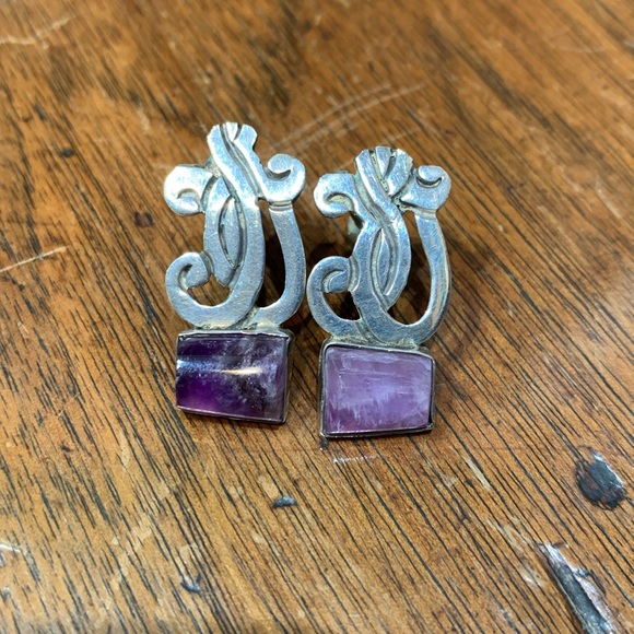 Signed BETO Mexican Silver & Amethyst Necklace 3 Piece Set - Picture 8 of 10